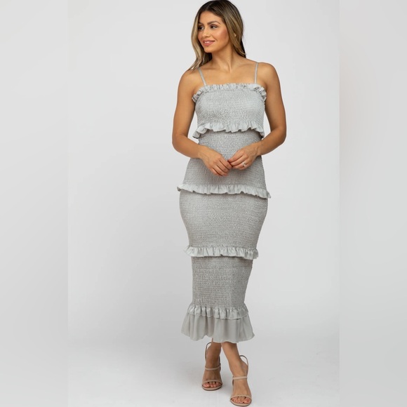 Pinkblush Mable Sage Satin Smocked Fitted Bodycon Maternity Midi Dress Small - Picture 2 of 5